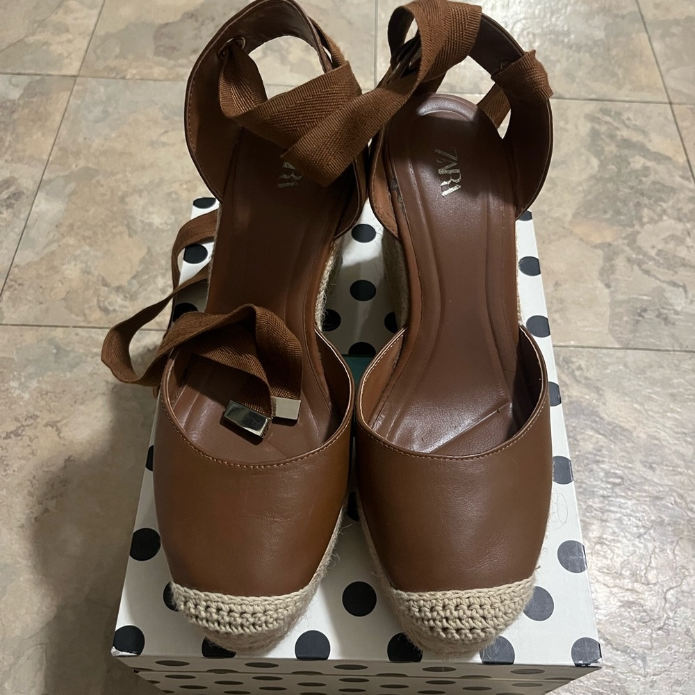 Zara Brown Espadrille Wedge Sandals